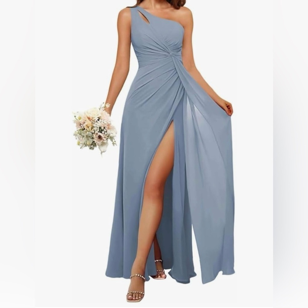 One Shoulder Gathered Ruched Blue Cornflower Chiffon Like Dress Sz 16